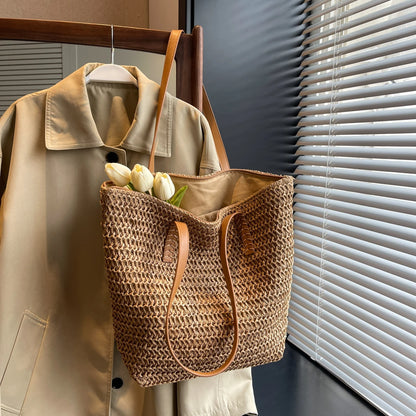 Summer Natural Rattan Woven Tote Bags Handmade Women Beach Straw Bags Women Handbags