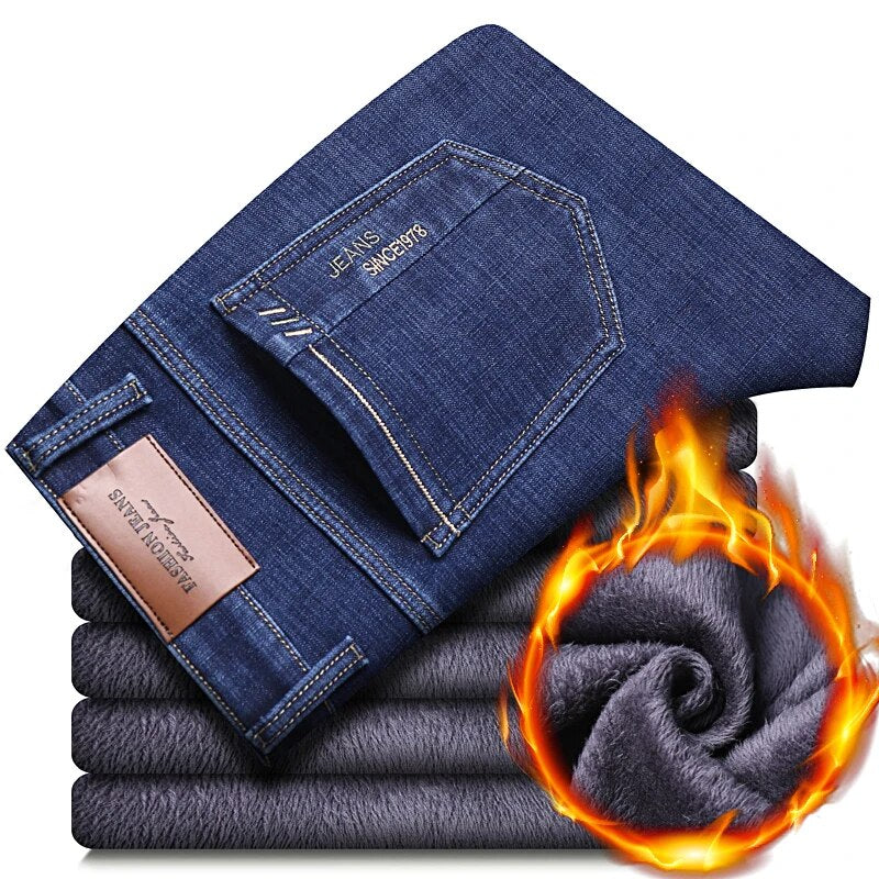 Pantalones vaqueros elásticos de franela abrigados térmicos de invierno para hombre, pantalones de lana de marca famosa de calidad para invierno, pantalones flocados rectos para hombre, pantalones vaqueros para hombre