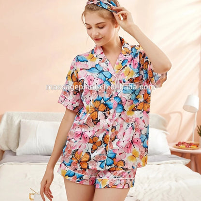New Summer 3 Piece Pajama Set for Women 2026 Custom Pajama Shorts Set Satin Pajamas