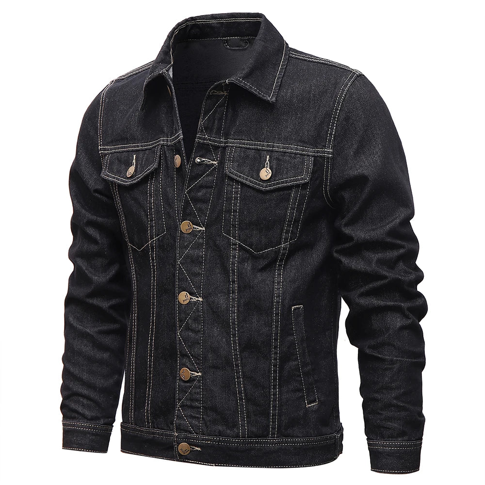 Men Denim Jackets Casual Solid Color Lapel Single Breasted Blue Jeans Jacket Men Spring Autumn Slim Fit Cotton Outwear Jackets M~ 5XL