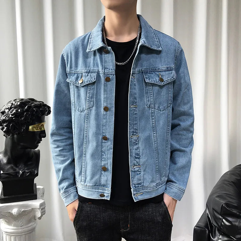 Men Denim Jackets Casual Solid Color Lapel Single Breasted Blue Jeans Jacket Men Spring Autumn Slim Fit Cotton Outwear Jackets M~ 5XL