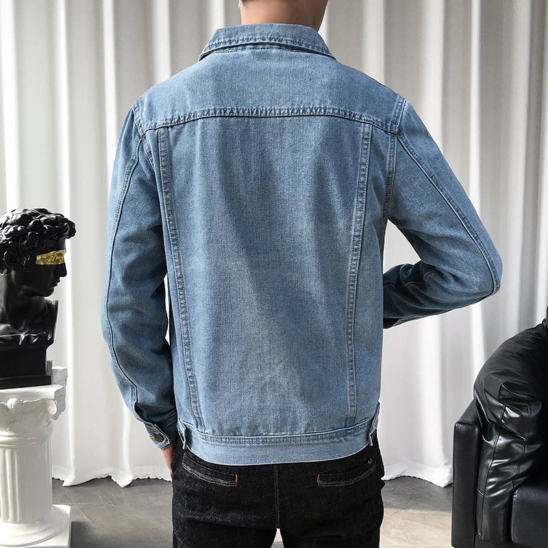 Men Denim Jackets Casual Solid Color Lapel Single Breasted Blue Jeans Jacket Men Spring Autumn Slim Fit Cotton Outwear Jackets M~ 5XL