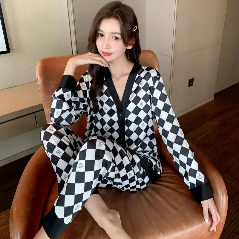 Women Fashion New Pajamas High Quality Sleepwear Luxury Inspired Lounge Wear Two Pieces Long Sleeve Silk Pajamas Set
