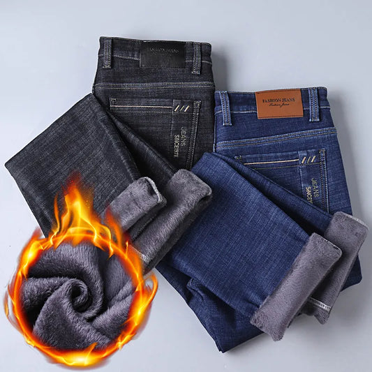 Pantalones vaqueros elásticos de franela abrigados térmicos de invierno para hombre, pantalones de lana de marca famosa de calidad para invierno, pantalones flocados rectos para hombre, pantalones vaqueros para hombre