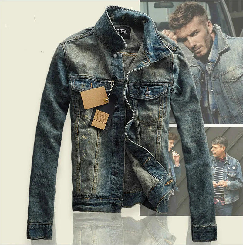Chaquetas vaqueras rasgadas para hombres de la calle, chaqueta vaquera desgastada con retales lavados, ropa de calle con ajuste ajustado, chaqueta Vintage HipHop