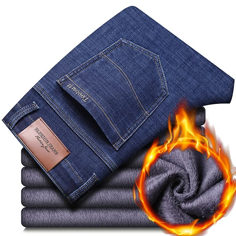 Pantalones vaqueros elásticos de franela abrigados térmicos de invierno para hombre, pantalones de lana de marca famosa de calidad para invierno, pantalones flocados rectos para hombre, pantalones vaqueros para hombre