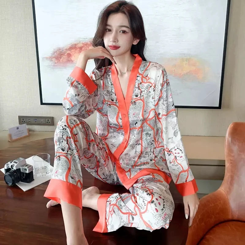 Women Fashion New Pajamas High Quality Sleepwear Luxury Inspired Lounge Wear Two Pieces Long Sleeve Silk Pajamas Set
