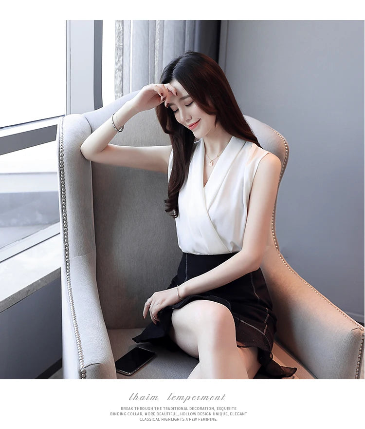 Summer plus Size Women's Sleeveless V Neck Blouse Elegant Sexy Silk T-Shirt Brand Clothes 2025 S-3XL Ladies Tops KE3990