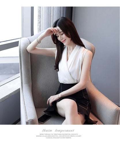 Summer plus Size Women's Sleeveless V Neck Blouse Elegant Sexy Silk T-Shirt Brand Clothes 2025 S-3XL Ladies Tops KE3990