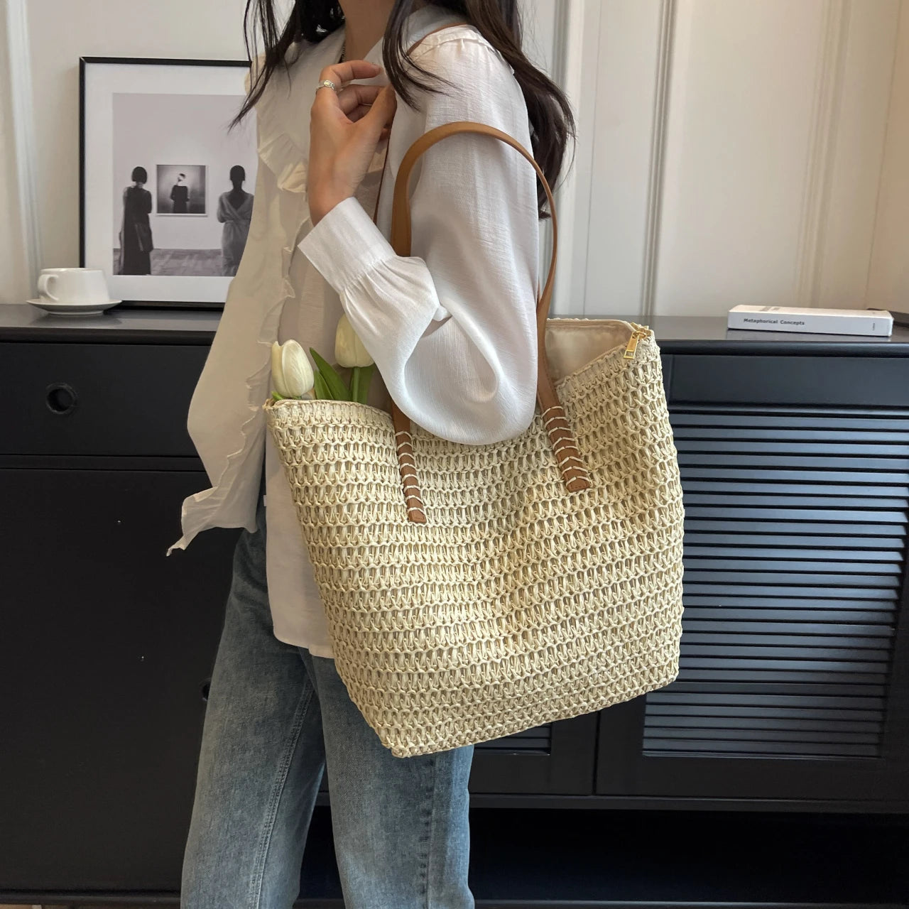 Summer Natural Rattan Woven Tote Bags Handmade Women Beach Straw Bags Women Handbags