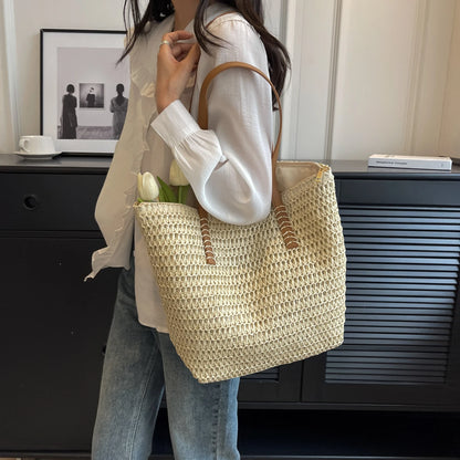 Summer Natural Rattan Woven Tote Bags Handmade Women Beach Straw Bags Women Handbags