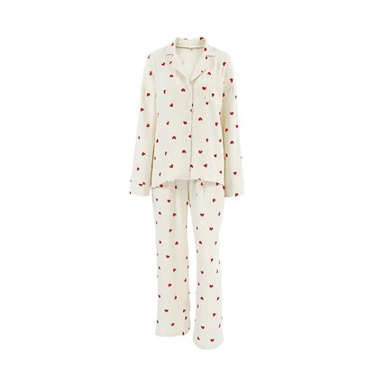 Breathable love Print Pajamas Sets with Elastic Waist Loose 2025 Ladies Homewear Cotton Spring Lounge Wear Set for Women