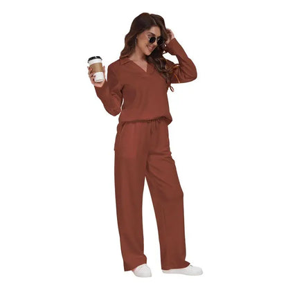 Free Shipping Wholesale Custom Women Sleepwear Set 2 Piece Home Wear Long Sleeve Lounge Wear
