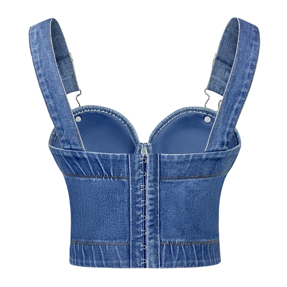 Hot Joker Strap Button Slim-fit Denim Tube Top Camisole