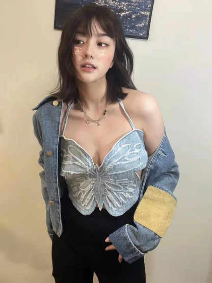 European And American Spice Girl Butterfly Design Niche Halter Camisole Women's Summer Outer Wear Inner Short Sexy Top