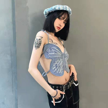 European And American Spice Girl Butterfly Design Niche Halter Camisole Women's Summer Outer Wear Inner Short Sexy Top