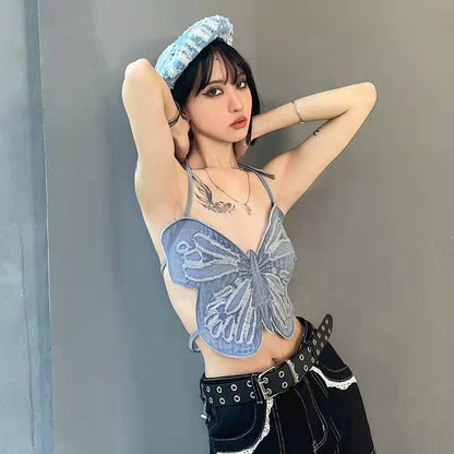 European And American Spice Girl Butterfly Design Niche Halter Camisole Women's Summer Outer Wear Inner Short Sexy Top