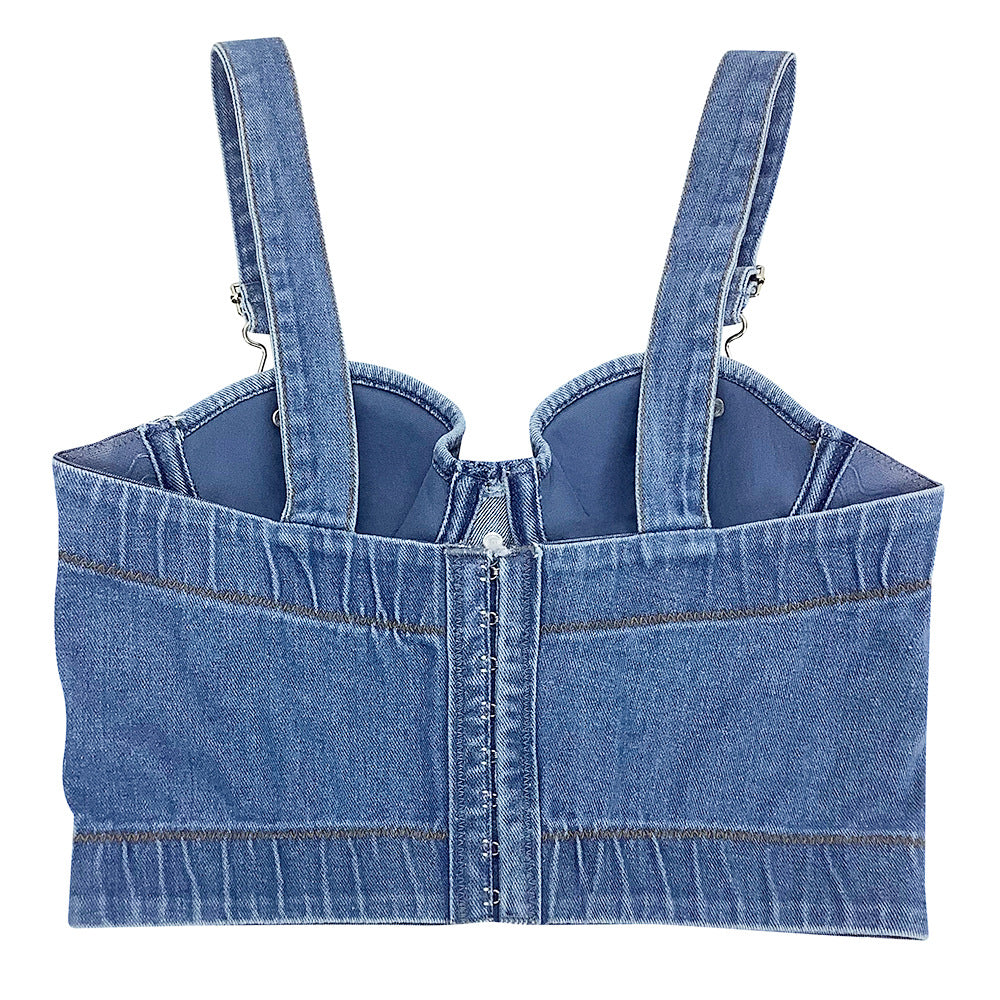 Hot Joker Strap Button Slim-fit Denim Tube Top Camisole