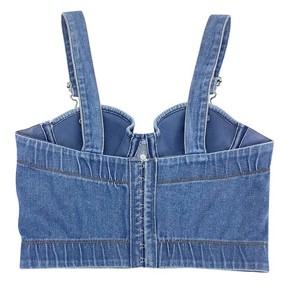 Hot Joker Strap Button Slim-fit Denim Tube Top Camisole