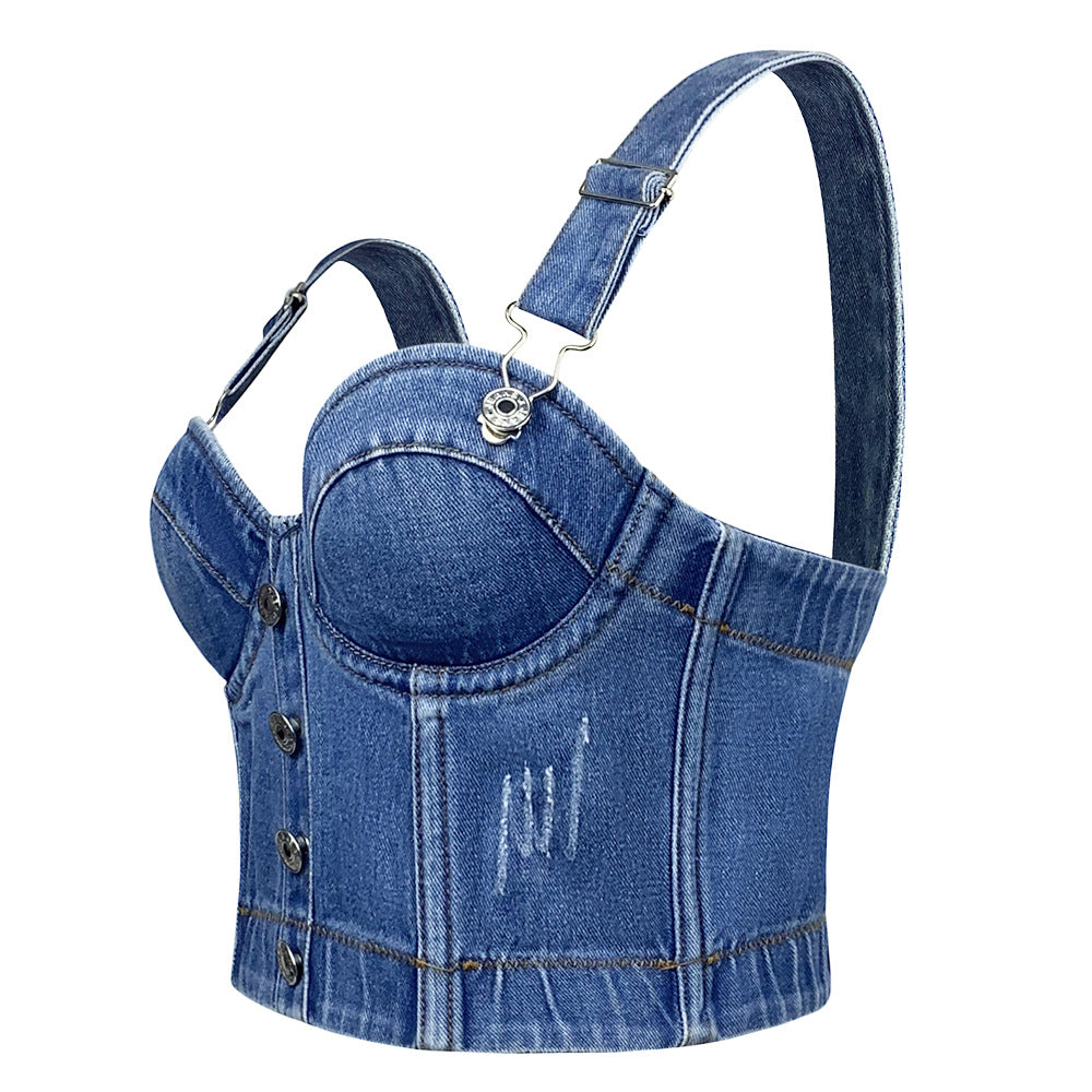 Hot Joker Strap Button Slim-fit Denim Tube Top Camisole