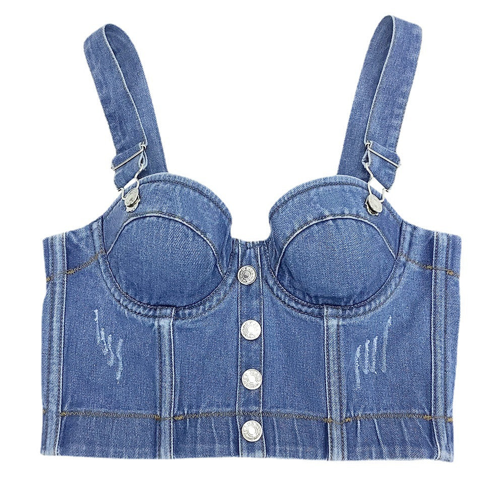 Hot Joker Strap Button Slim-fit Denim Tube Top Camisole