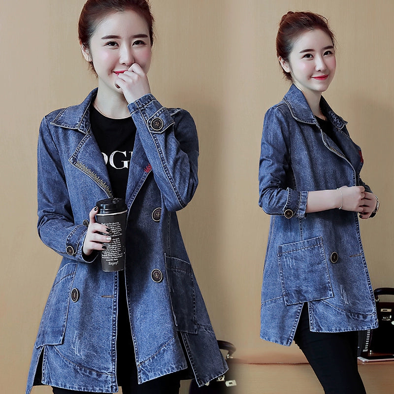 Mid Length Long Length Korean-Style Loose Casual Trench Coat Denim Jacket