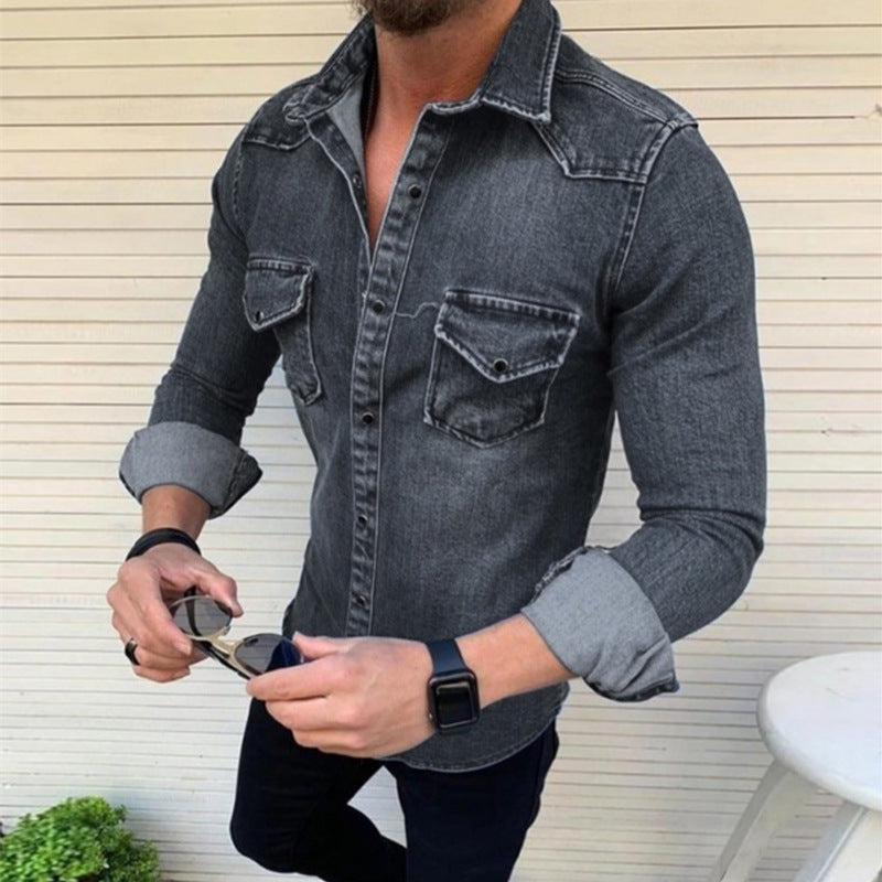 Chaqueta vaquera ajustada para hombre, chaqueta vaquera lavada de manga larga informal de Amazon, comercio exterior, nueva, europea y americana, 2023 