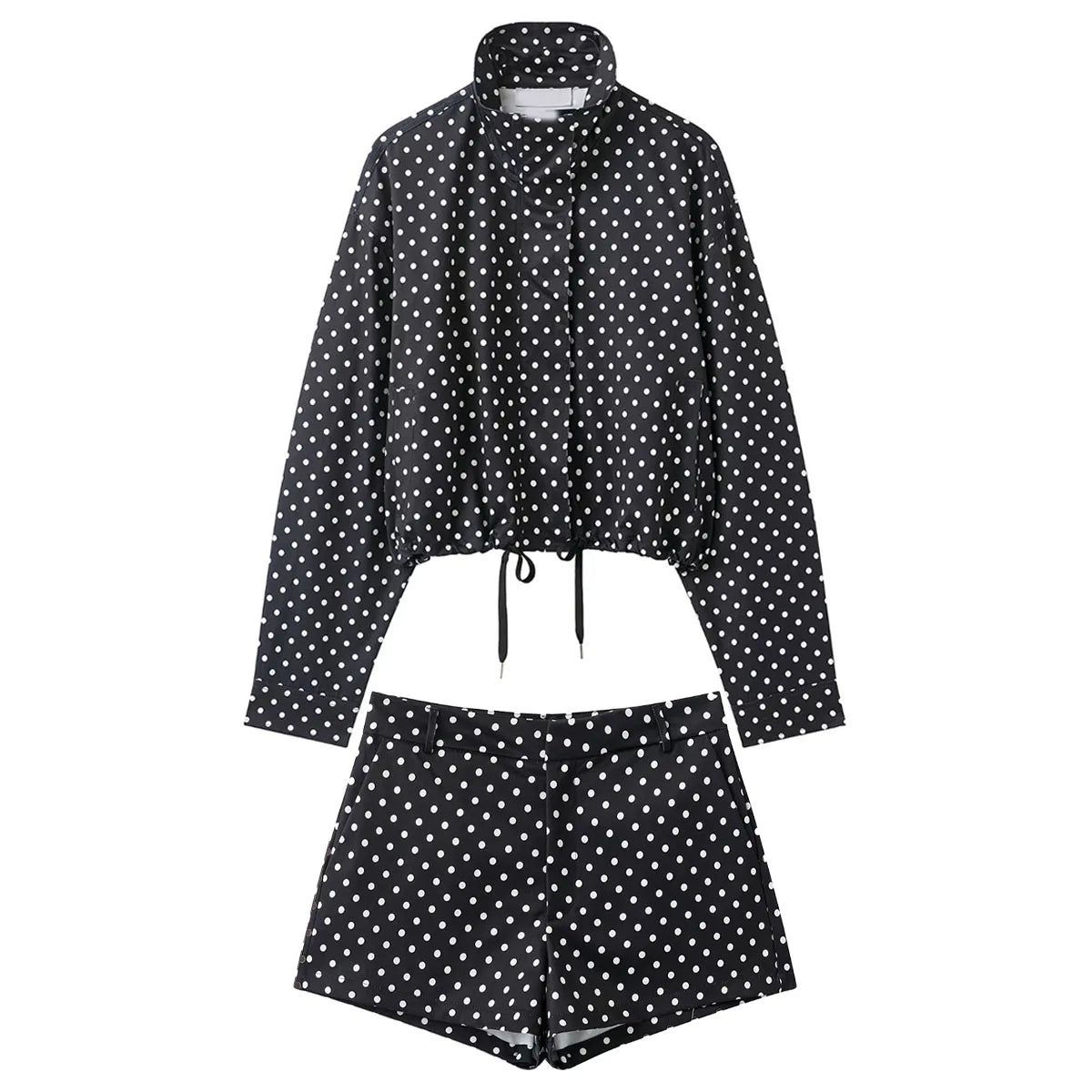 Woman Autumn Long Sleeves Turtleneck Zipper With Pockets Drawstring Casual Coats Women Fashion Polka Dot Printed Jacket