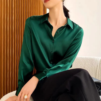 Spring Autumn Elegant Satin Women's Blouse 2026 New Long Sleeve Turn-down Collar Korean Casual Loose Office Lady Shirts Female