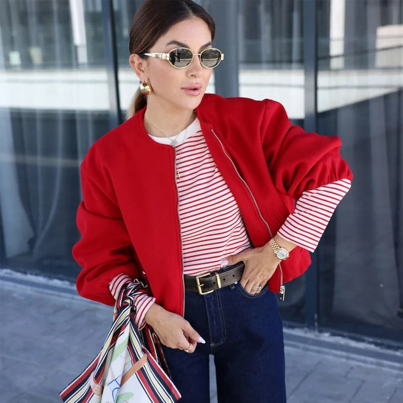 Red Zipper Bomber Jackets for Women Soft Cropped Jackets Woman 2026 Long Sleeve Woman's Sports Jacket New in Outerwears