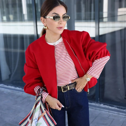 Red Zipper Bomber Jackets for Women Soft Cropped Jackets Woman 2026 Long Sleeve Woman's Sports Jacket New in Outerwears