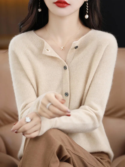 2026 New Chic Women's Basic O-neck Cardigan 100% Merino Wool Sweater Soft Grace Knitwear CoatSpring Autumn Female Clothes Tops