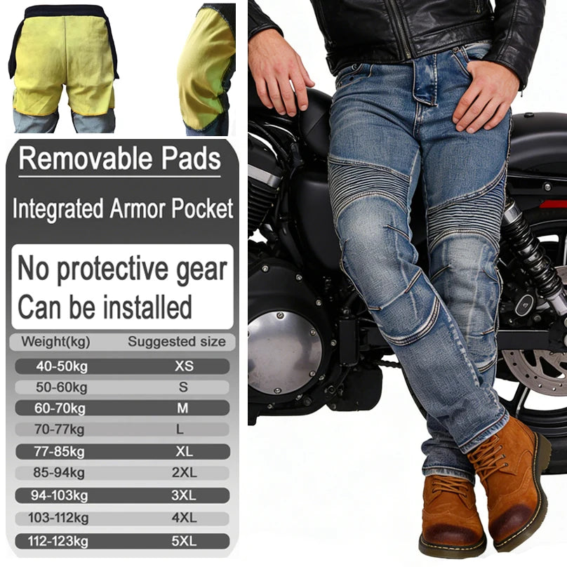 Men Kevlar Motorcycle Jeans Windproof Abrasion Resistant Protective Pants Blue Off Road Riding Trousers Four Season Gear