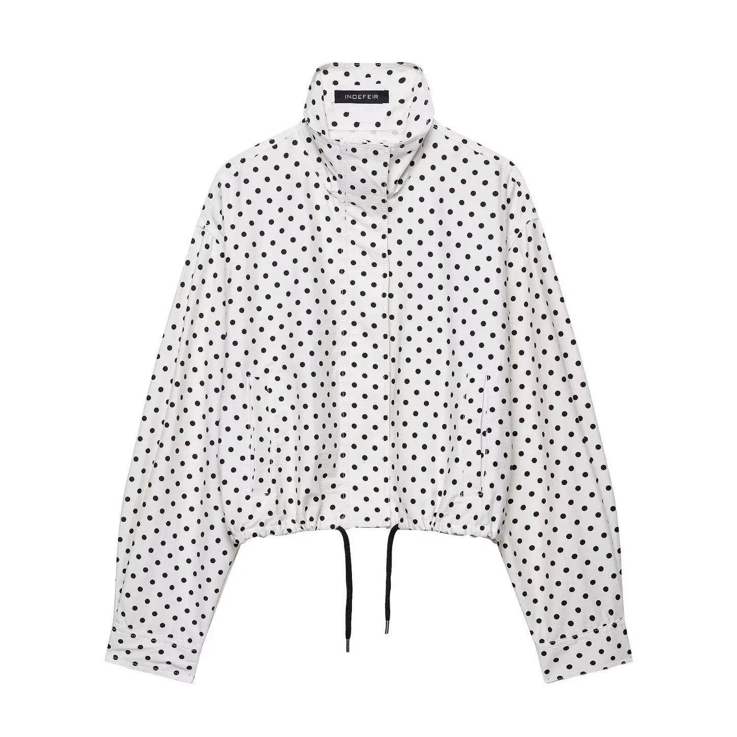 Woman Autumn Long Sleeves Turtleneck Zipper With Pockets Drawstring Casual Coats Women Fashion Polka Dot Printed Jacket