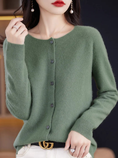 2026 New Chic Women's Basic O-neck Cardigan 100% Merino Wool Sweater Soft Grace Knitwear CoatSpring Autumn Female Clothes Tops