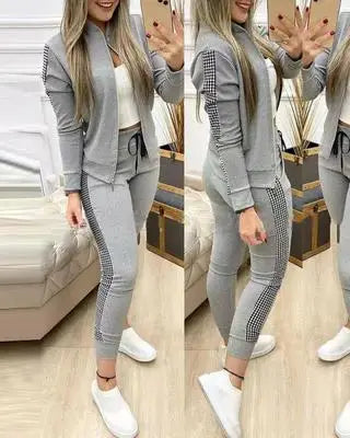 Athleisure Zipper Jacket Women's Suit Spring Fashion Patchwork Plaid Slim Fit Timid Feet Trousers Female 2 Piece Set 2025