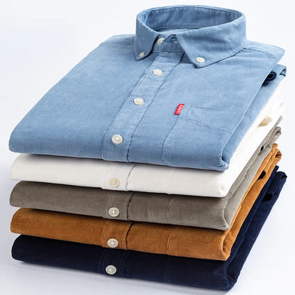 Retro Cotton Corduroy Warm Winter Shirt Men’s Long Sleeve Casual Soft Comfortable Pocket Dress Shirts for Male Blouse Clothes