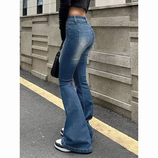 Girls Concise Ins High Waist Flared Jeans Female Stretchy Bootcut Denim Pants Women Solid Color Thin Bell Bottoms Trousers