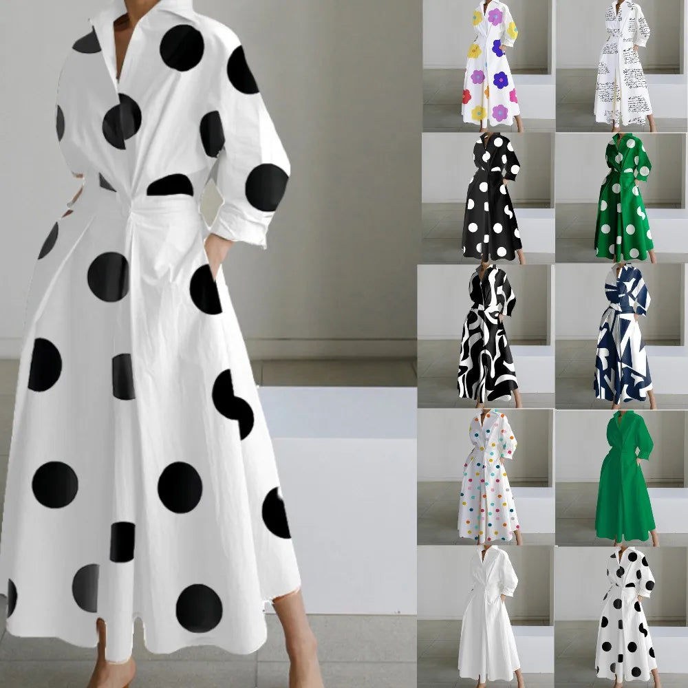 Autumn Dress Long Sleeve Dot Print Elegant Maxi Dresses For Women 2025 White Casual V Neck Shirt Party Long Dress Robe Femme