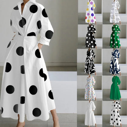 Autumn Dress Long Sleeve Dot Print Elegant Maxi Dresses For Women 2025 White Casual V Neck Shirt Party Long Dress Robe Femme