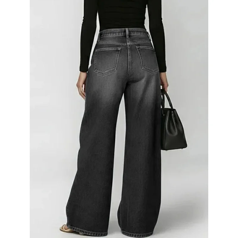 Missuoo Women's 2026 New Washed Blue High-Waist Metal Grommet Wide Leg Jeans, Casual Loose Fit Streetwear Pants for Daily Wear
