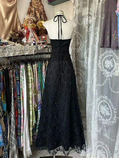 France Vintage Slim Slash Neck Sleeveless Dress Women Gothic Y2k V-neck Black Summer Dresses High Street Chic Skinny Clothing