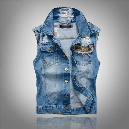 Men Slim Denim Vests Jackets Waistcoats Fashion Male Fit Blue Denim Coats Vests Street Wear Holes Jeans Vest Large Size Size 5XL