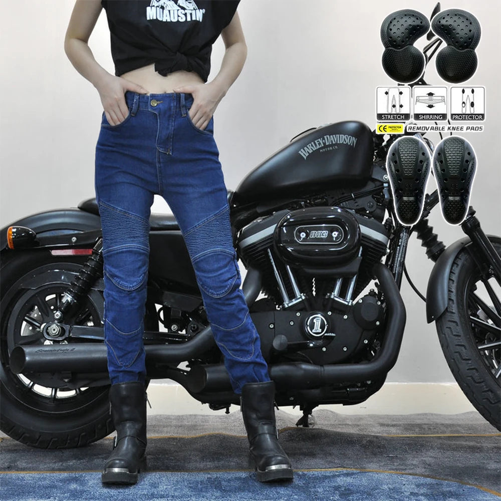 New Motorcycle Jeans Women Upgrade Silicone Protector Detachable Casual Fashion Racing Road Rider Four Seasons Moto Pants