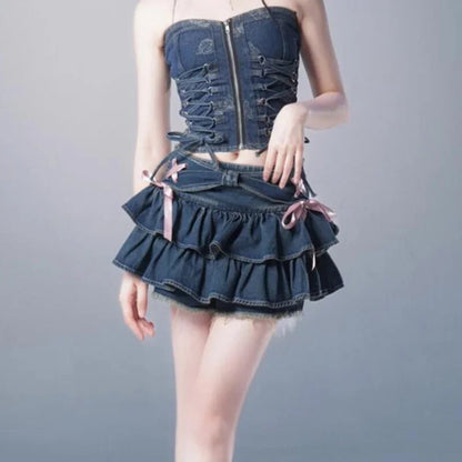 DEEPTOWN Japanese Y2k Denim Skirt Mini Women Kawaii Elastic Waist A-line Patchwork Cute Sexy Ruffles Jeans Skirt Shorts Summer