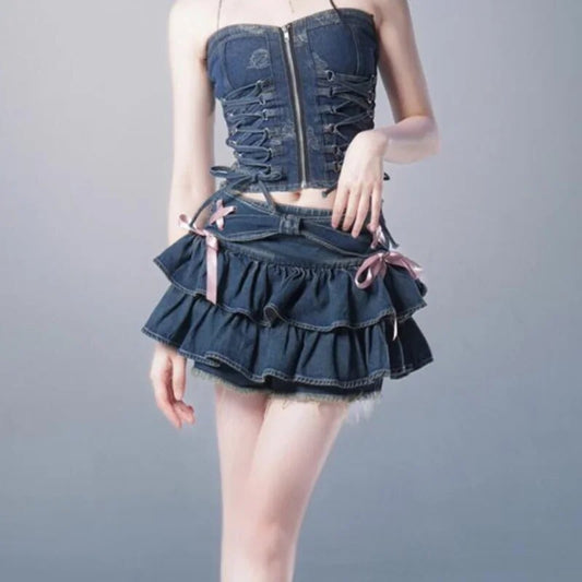 DEEPTOWN Japanese Y2k Denim Skirt Mini Women Kawaii Elastic Waist A-line Patchwork Cute Sexy Ruffles Jeans Skirt Shorts Summer