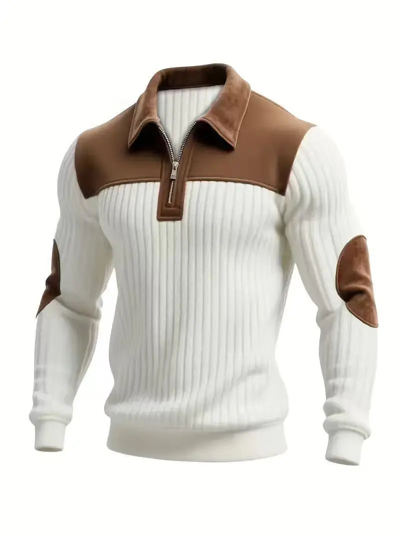 Style Knitted Pullover With A Turned-up Collar Patchwork Embroidery Casual Office And Sporty Style With A Zipper On The Front