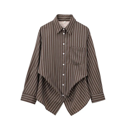 Autumn Blouses Woman Trendy Solid Stripe Turn-Down Collar Long Sleeve Buttons Single Breasted Female Street Shirts