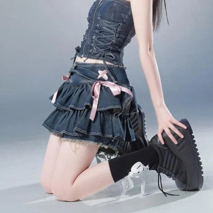 DEEPTOWN Japanese Y2k Denim Skirt Mini Women Kawaii Elastic Waist A-line Patchwork Cute Sexy Ruffles Jeans Skirt Shorts Summer