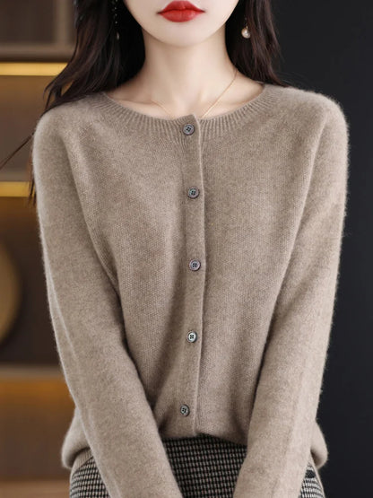 2026 New Chic Women's Basic O-neck Cardigan 100% Merino Wool Sweater Soft Grace Knitwear CoatSpring Autumn Female Clothes Tops